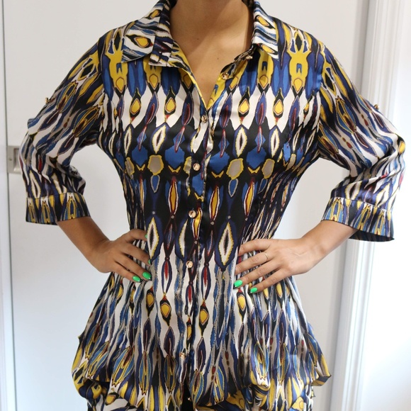 Long Button Down Patterned Blouse - Picture 1 of 3